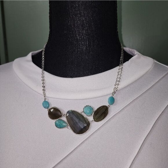 Organic Cut Labradorite And Amazonite Sterling 18" Cluster Necklace NWOT - Picture 5 of 10